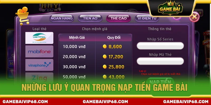 Những lưu ý khi nạp tiền GAME BÀI